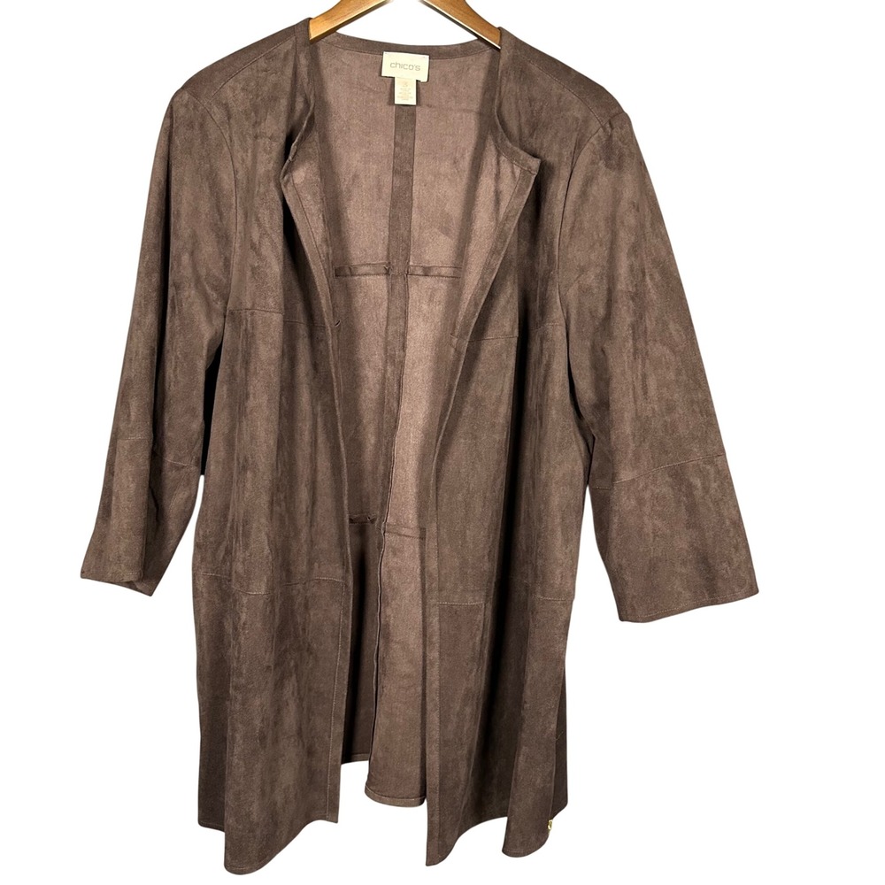 Chico's Zip Detail Faux Suede‎ Open Front Jacket Dark Brown XL Classic Western
